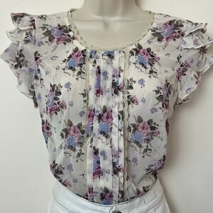 Sheer Floral Print Front Pleat Ruffle Sleeve Blouse with Lace Trim Ivory Medium